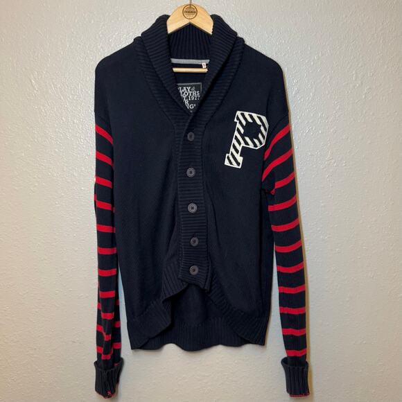 Play Cloths Shawl-Collar Cardigan Sweater Letter-Patch Stripe-Sleeve Men’s XL - Picture 2 of 10